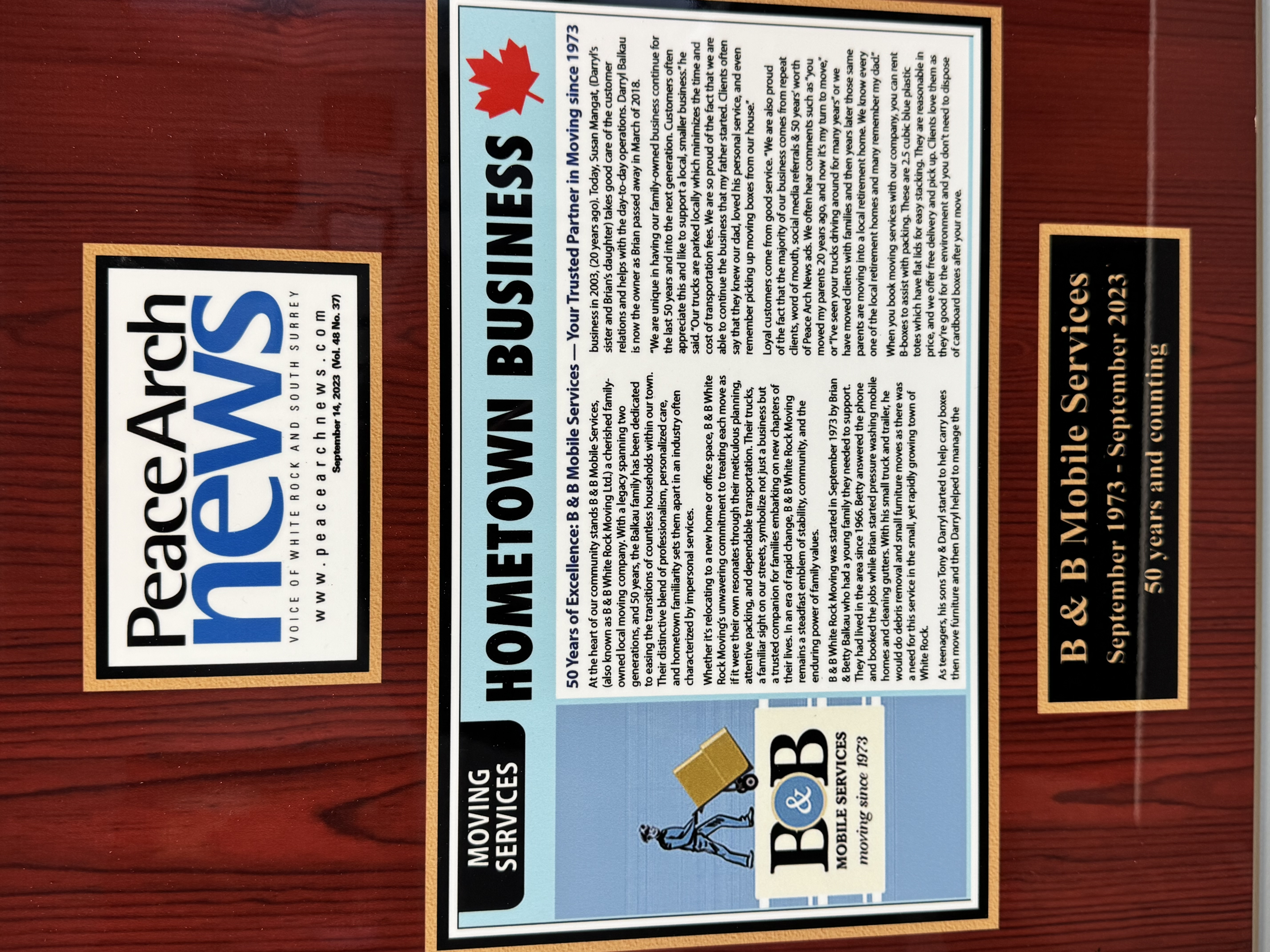 Peace Arch News recognition plaque for B&B Mobile Services