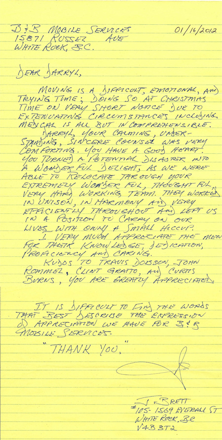 B&B Mobile Services customer testimonial from January 2012