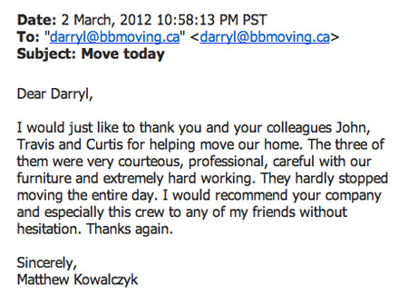 B&B Mobile Services customer testimonial from March 2012