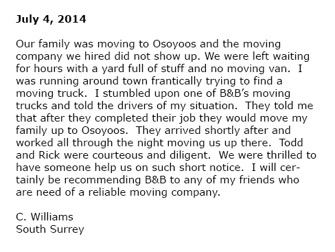 B&B Mobile Services customer testimonial from July 2014