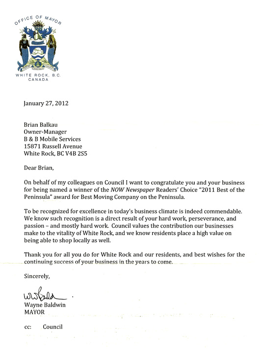 Letter from the Mayor of White Rock recognizing B&B Mobile Services