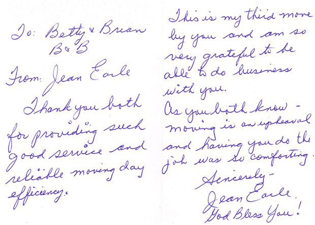 B&B Mobile Services customer testimonial letter