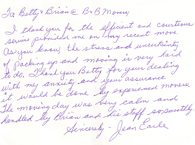 B&B Mobile Services customer testimonial letter