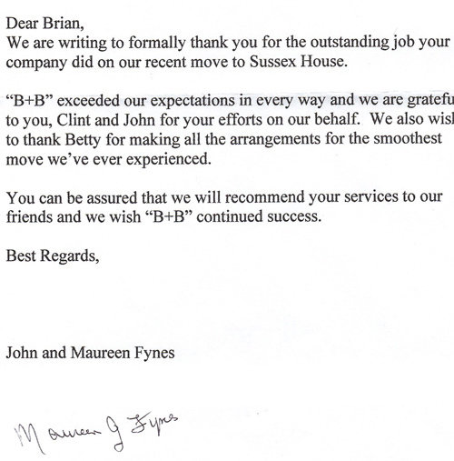 B&B Mobile Services customer testimonial letter