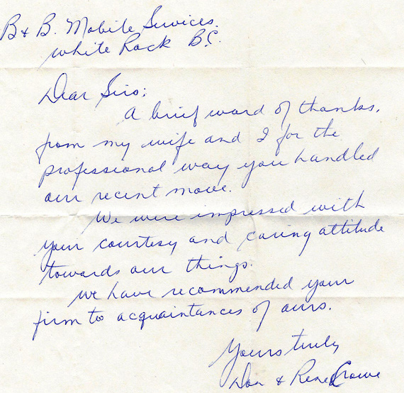 B&B Mobile Services customer testimonial letter