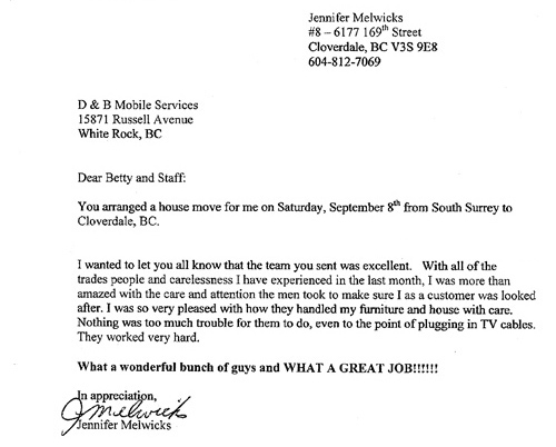 B&B Mobile Services customer testimonial letter