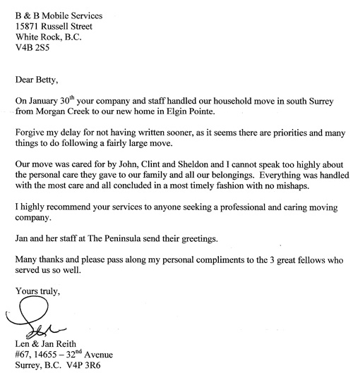 B&B Mobile Services customer testimonial letter
