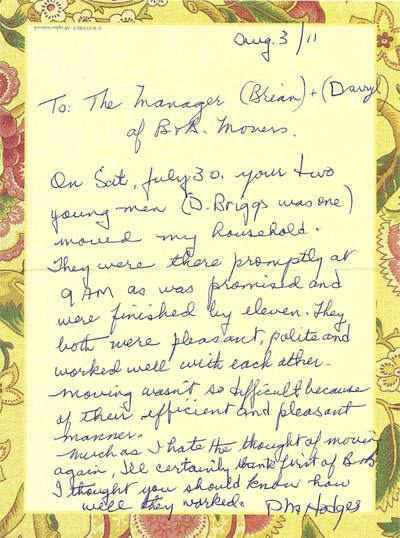 B&B Mobile Services customer testimonial from August 2011