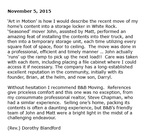 B&B Mobile Services customer testimonial from November 2015