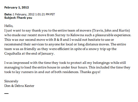 B&B Mobile Services customer testimonial from February 2012